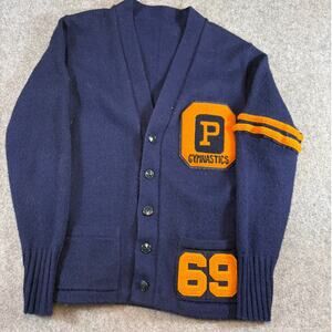 Vintage P Gymnastic 69 Letterman Cardigan Sweater Mens Blue Vneck College Large